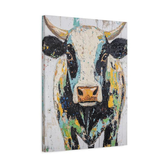 Colorful Cow Portrait Print, Farmhouse Animal Wall Art, Rustic Home Decor — Canvas wall art