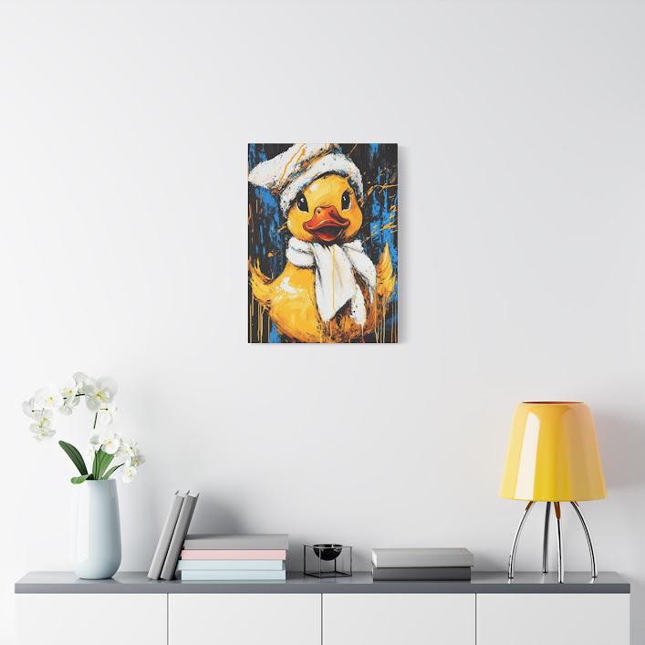 Whimsical Duck Canvas Print, Winter Hat and Scarf, Animal Wall Art — Framed Print wall art