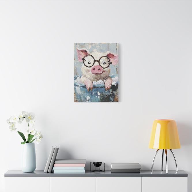 Pig in Bathtub Art | Farmhouse Animal Canvas or Poster — Framed Print wall art