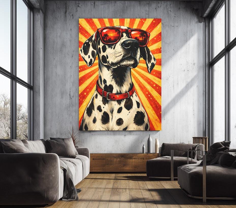 Funky Dalmatian Canvas | Dog with Sunglasses | Retro Pop Art Pet Print — Framed Print wall art