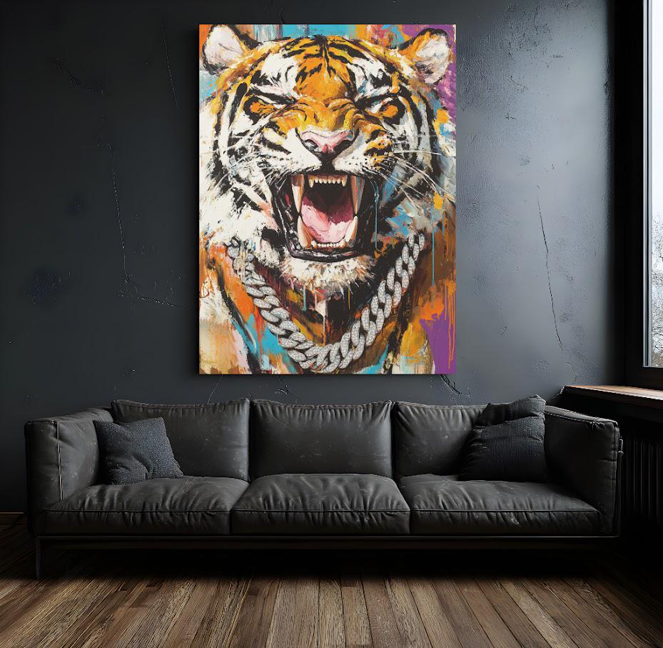 Roaring Tiger Canvas Print | Bold Big Cat Painting, Urban Hip Hop Art — Framed Print wall art