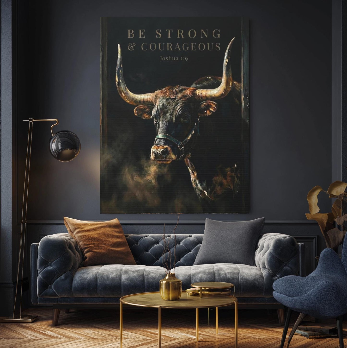 Longhorn Bull Canvas Print | Moody Western Decor, Joshua 1:9 — Framed Print wall art