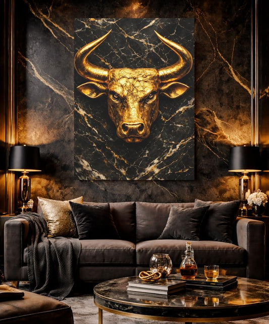 Golden Bull Canvas | Wall Street Art | Stock Market Gift | Black Marble Print | Masculine Wall Decor | Man Cave — Canvas wall
