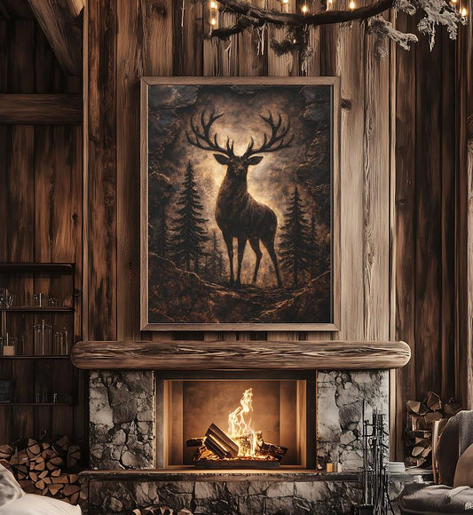 Rustic Stag Canvas Art | Deer Lodge Print | Masculine Hunting Gift | Modern Man Cave Decor | Large Antlers | Forest Animal —