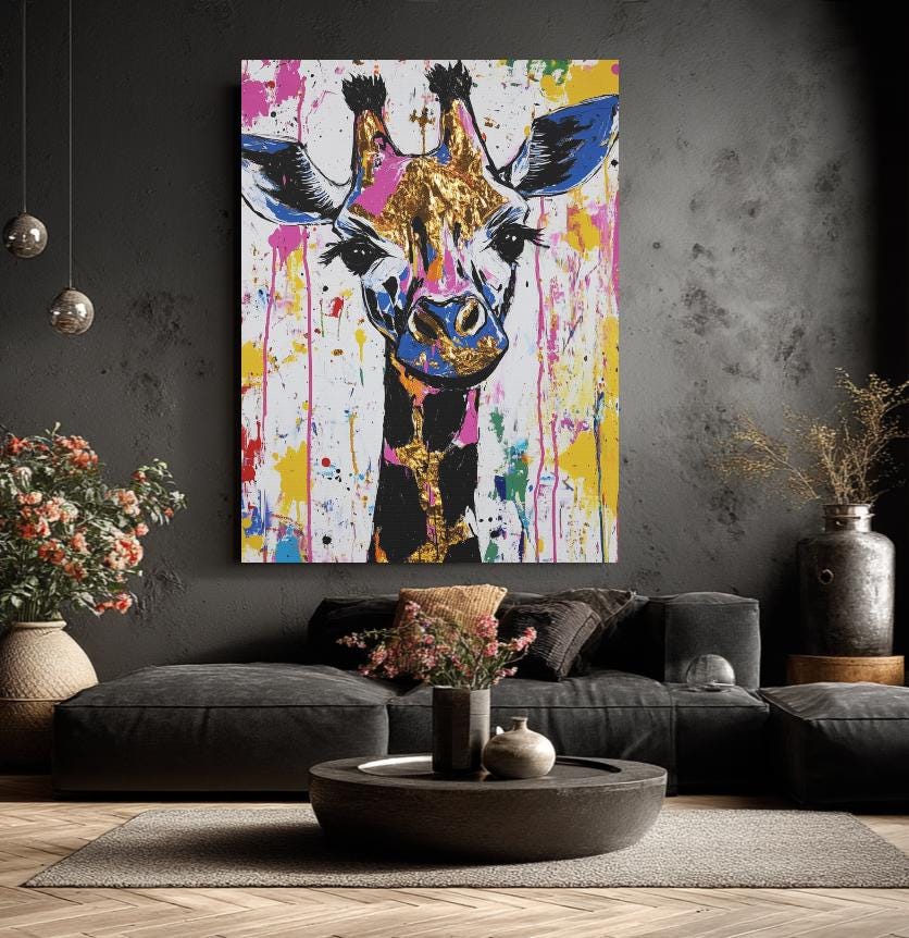 Colorful Giraffe Wall Art | Abstract Pop Art Print | Safari Animal | Graffiti Splatter Painting | Dopamine Decor — Framed