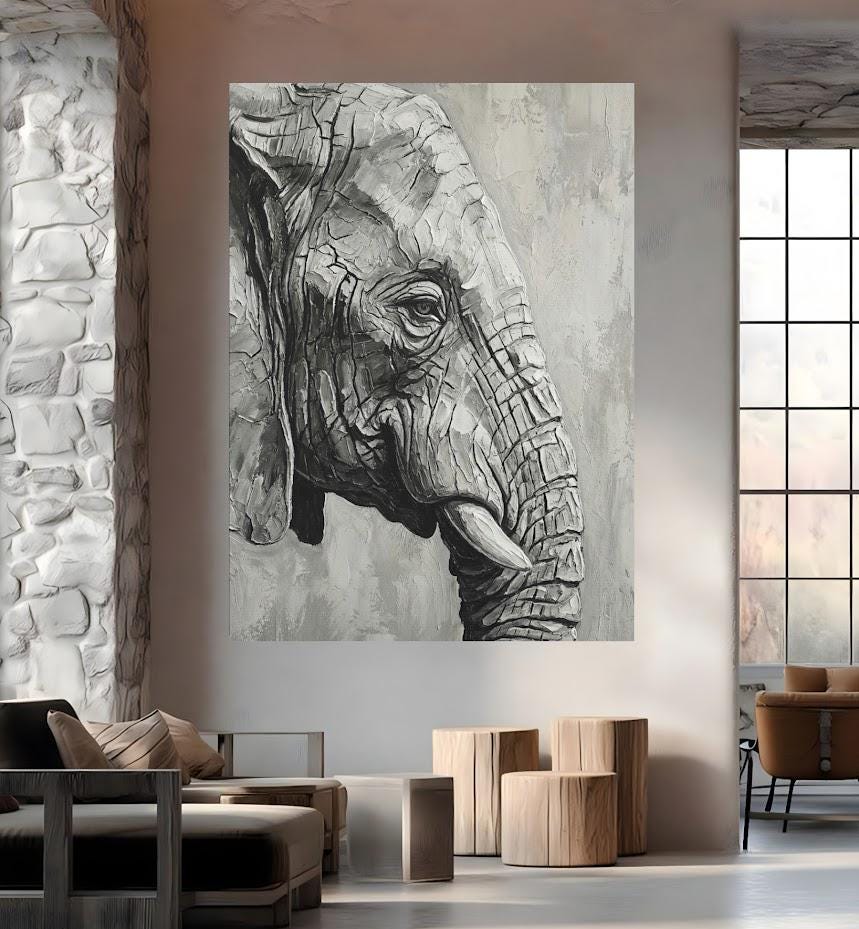 Grey Elephant Impasto Art | Modern Safari Print — Framed Print wall art