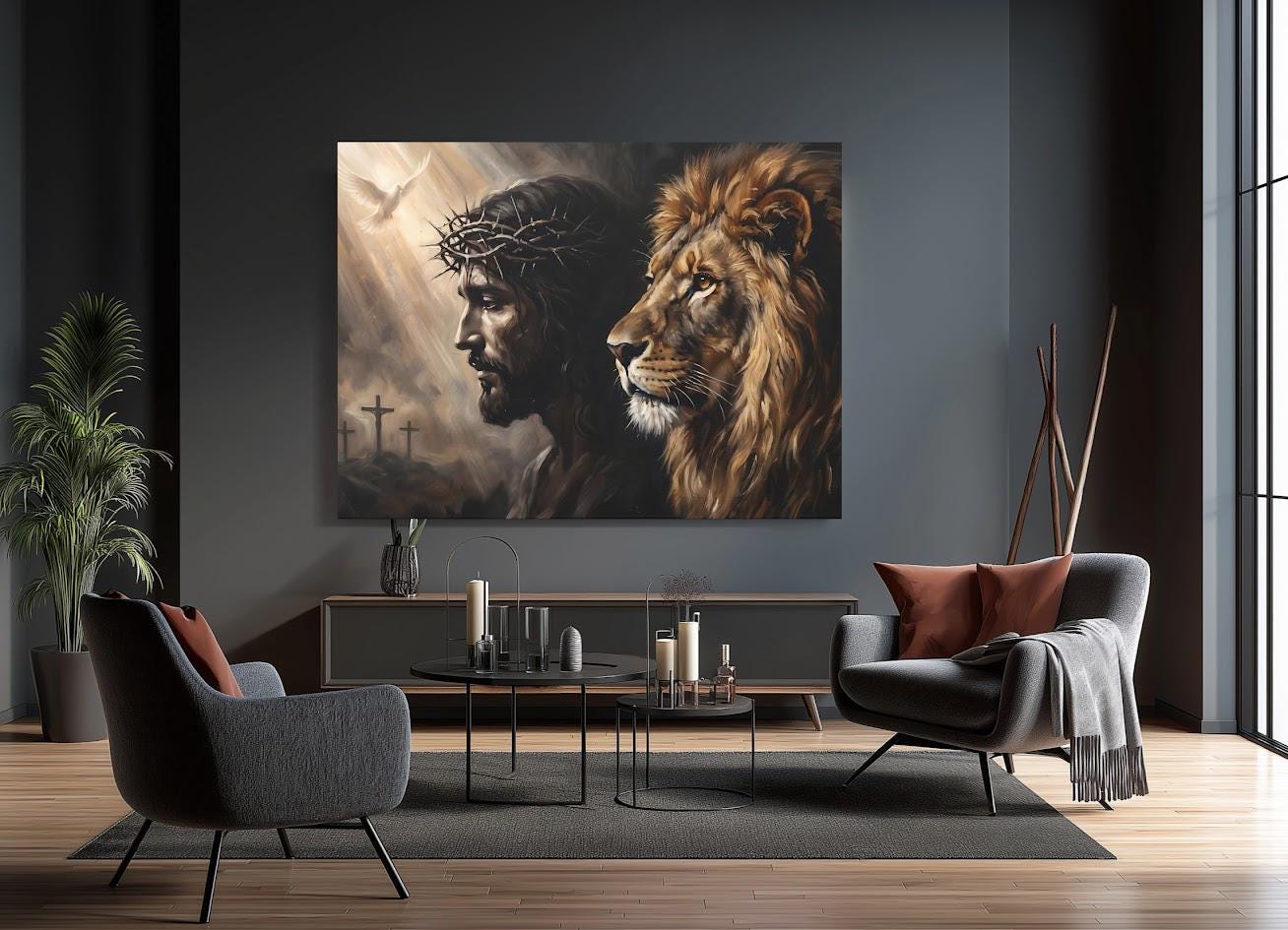Lion of Judah Canvas Wall Art, Jesus and Lion Christian Print for Modern Home or Office — Framed Print wall art