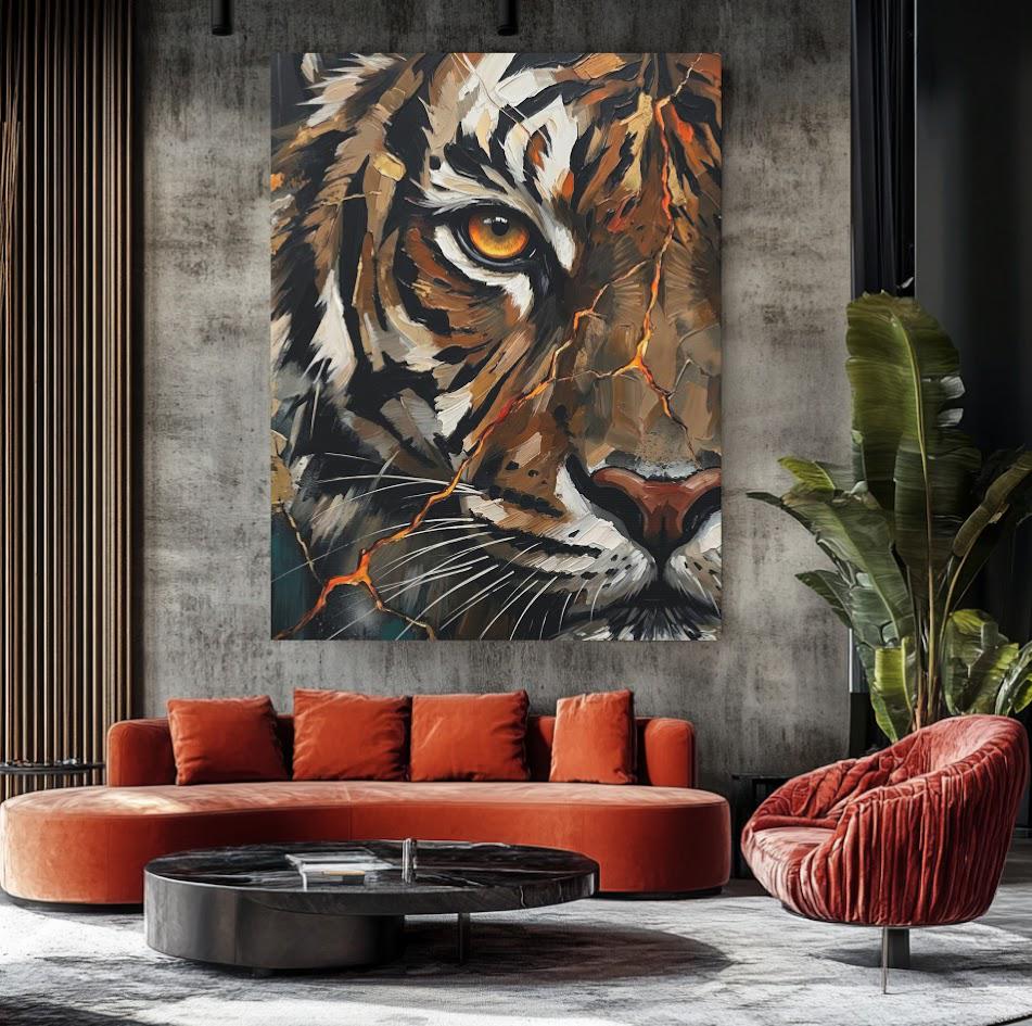Tiger Canvas Wall Art, Abstract Predator Face Print for Executive Office or Man Cave — Framed Print wall art