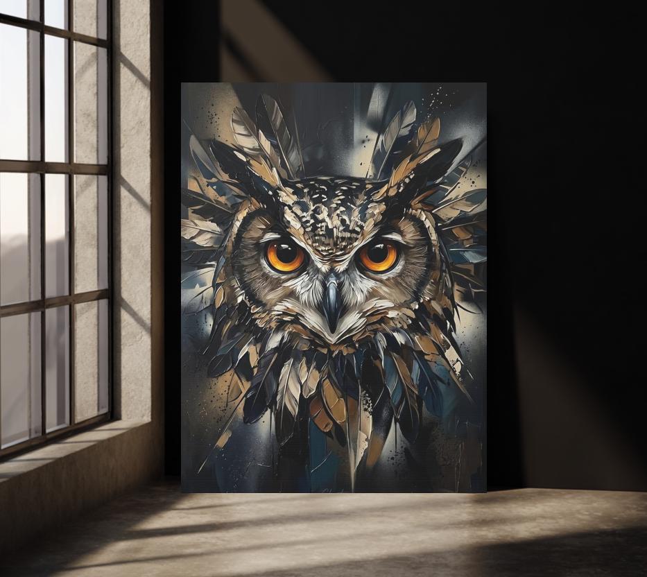 Dark Moody Owl Canvas Wall Art, Abstract Night Bird Print for Dark Academia Decor or Executive Office — Framed Print wall art