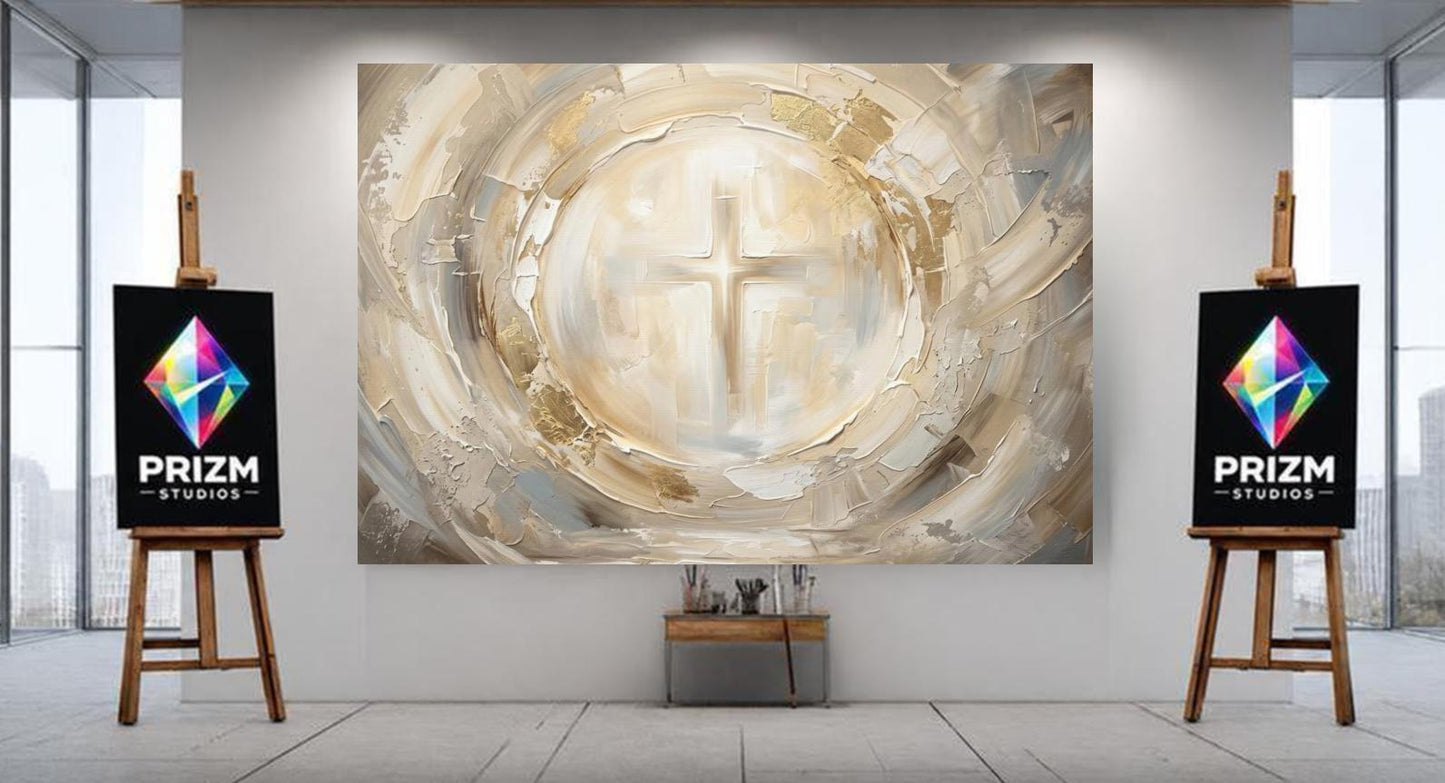 Christian Cross Canvas Wall Art, Neutral Abstract Religious Print for Living Room — Framed Print wall art