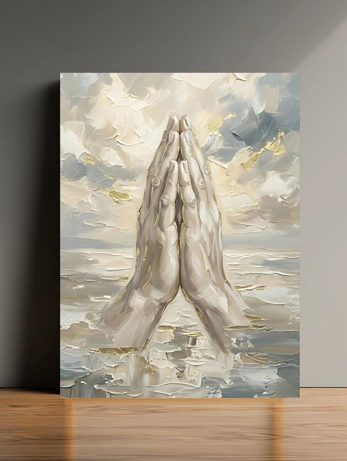 Praying Hands in Clouds Christian Wall Art | Original Heaven Painting | Modern Faith Canvas Print — Framed Print wall art