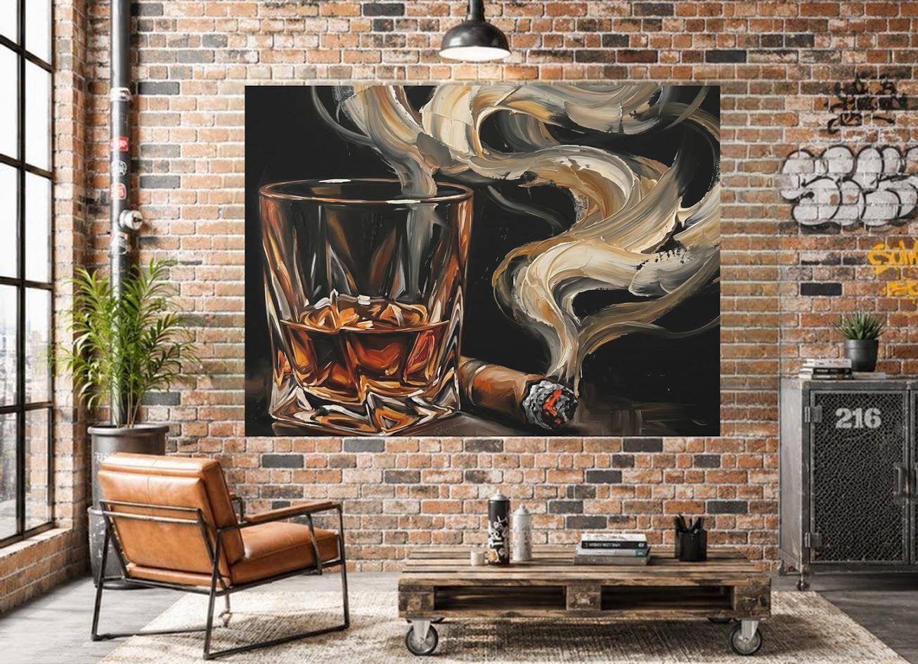 Bourbon and Cigar Canvas Wall Art, Dark Moody Abstract Whiskey Print for Luxury Home Bar or Cigar Lounge — Framed Print wall