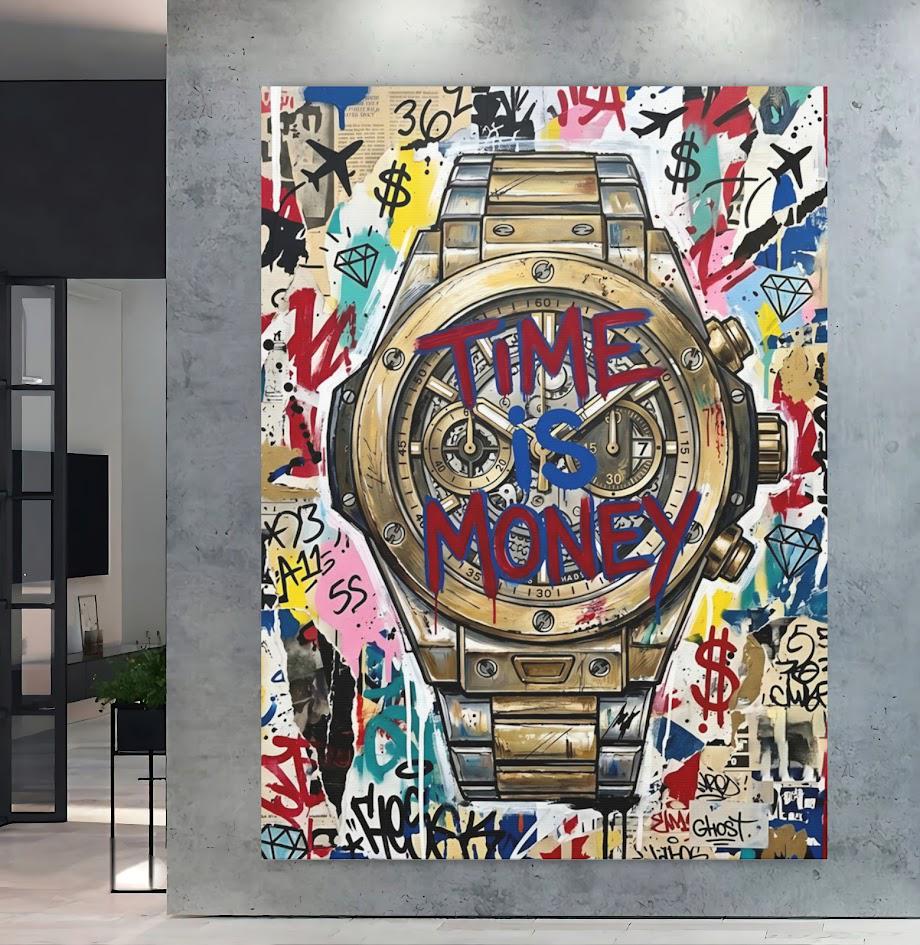 Graffiti Luxury Watch Canvas Art, Time is Money Pop Art Print for Entrepreneur Office — Framed Print wall art