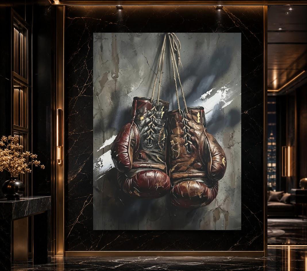 Vintage Boxing Gloves Wall Art, Dark Fighter Canvas Print, Man Cave Sports Artwork — Framed Print wall art