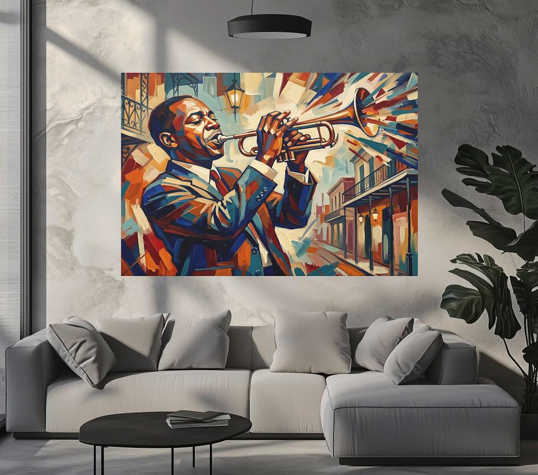 New Orleans Jazz Canvas Wall Art, Colorful Abstract Trumpet Print for Home Bar or Lounge — Framed Print wall art