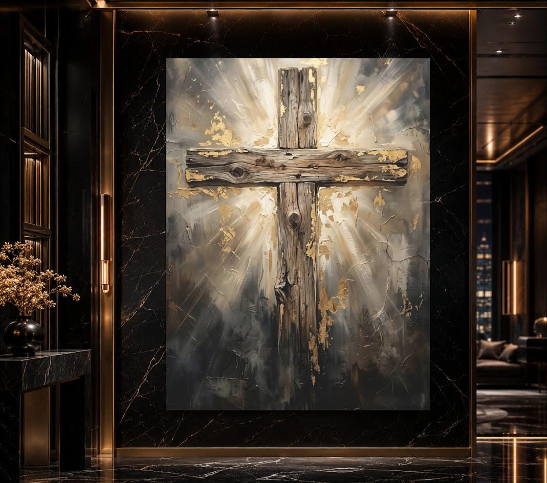 Rustic Wooden Cross Canvas Wall Art, Glowing Gold Leaf Christian Print for Farmhouse or Prayer Room — Framed Print wall art