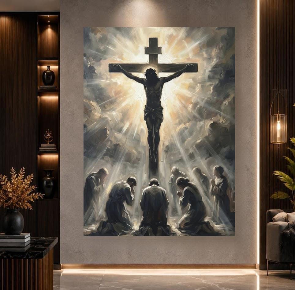Jesus on the Cross Wall Art | Crucifixion Canvas Print | Christian Prayer Room Decor — Framed Print wall art