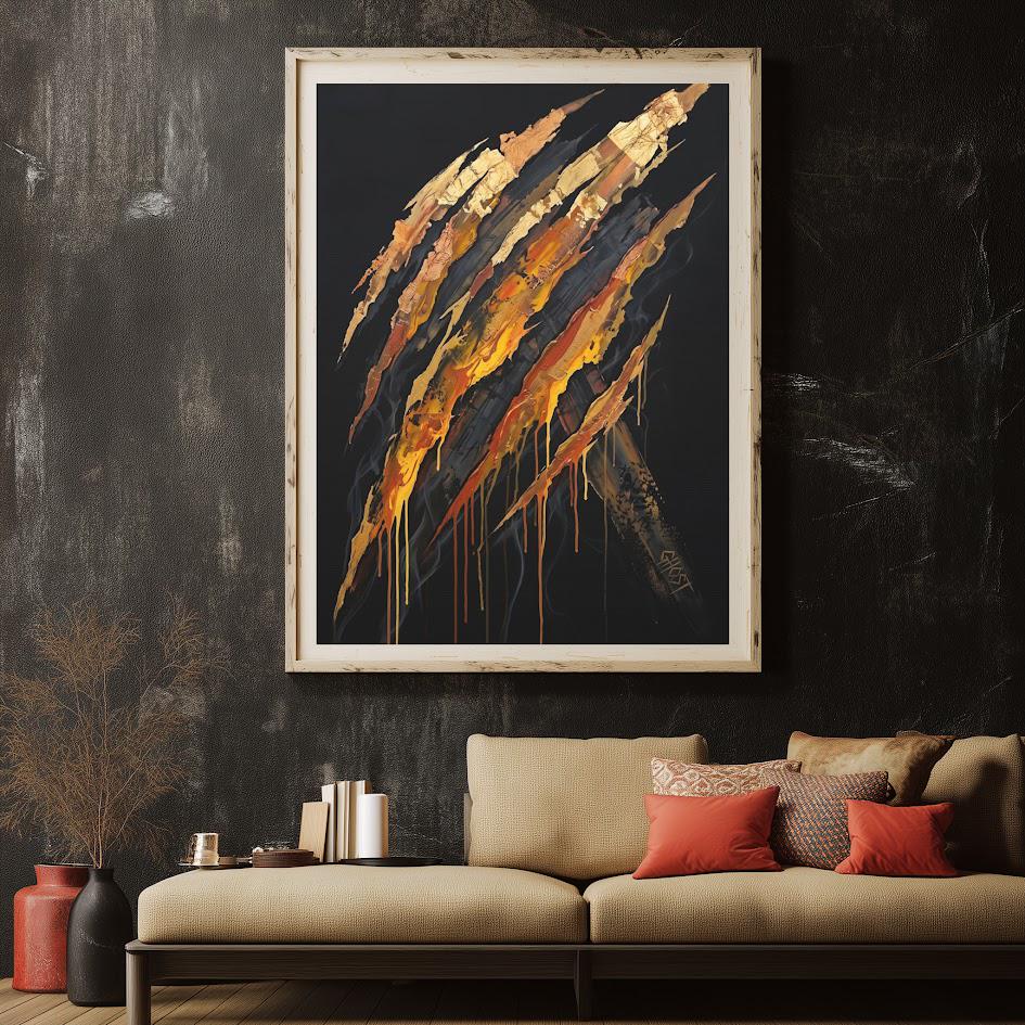 Abstract Claw Mark Wall Art | Black Gold Canvas | Bold Statement Decor — Framed Print wall art