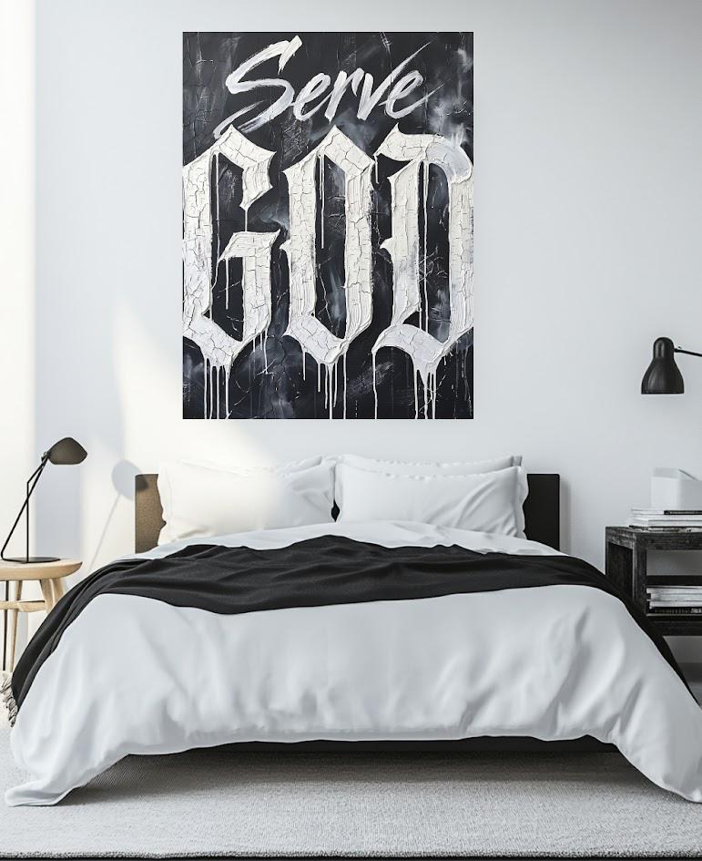 Christian Quote Wall Art | Serve God Canvas | Black and White Faith Decor — Framed Print wall art