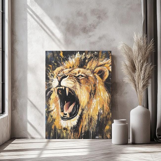 Roaring Lion Wall Art Canvas Print, Bold Wildlife Decor for Office, Living Room or Man Cave — Framed Print wall art