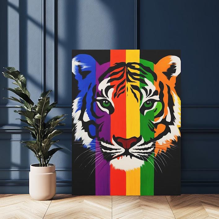 Rainbow Tiger Canvas Print, Colorful Animal Wall Art, Modern Home Decor — Framed Print wall art