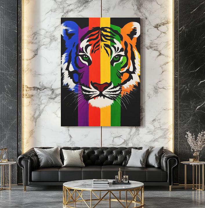 Rainbow Tiger Canvas Print, Colorful Animal Wall Art, Modern Home Decor — Framed Print wall art