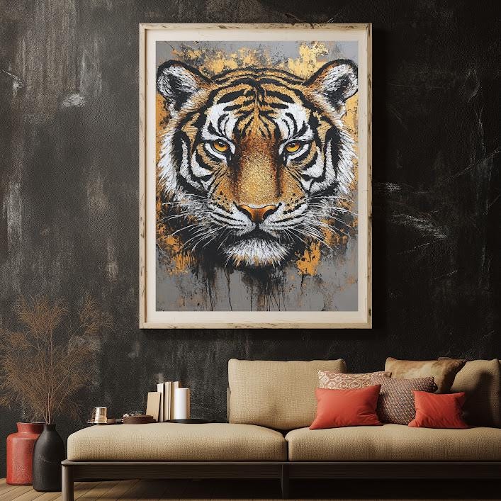 Tiger Portrait Canvas | Modern Animal Wall Art | Man Cave Decor — Framed Print wall art