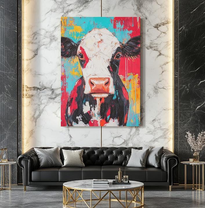 Colorful Highland Cow Canvas Print | Modern Farmhouse Wall Art | Large Rustic Animal Poster — Framed Print wall art