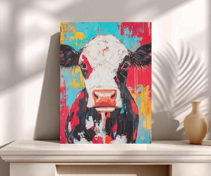 Colorful Highland Cow Canvas Print | Modern Farmhouse Wall Art | Large Rustic Animal Poster — Framed Print wall art