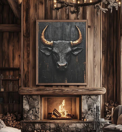 Rustic Bull Canvas Print | Abstract Farmhouse Decor | Masculine Skull Art — Framed Print wall art