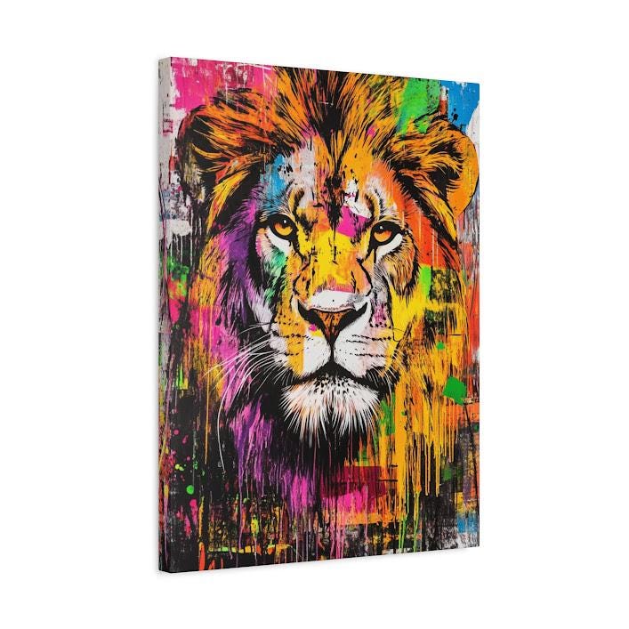 Colorful Abstract Lion Print | Modern Animal Wall Art, King Jungle Poster, Urban Graffiti Painting — Canvas wall art