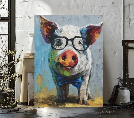 Colorful Pig Abstract Oil Painting | Canvas or Poster | Modern Farmhouse Animal Painting | Funny Animal Art | Quirky Barnyard
