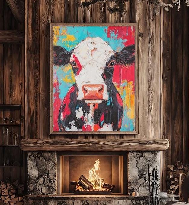 Colorful Highland Cow Canvas Print | Modern Farmhouse Wall Art | Large Rustic Animal Poster — Framed Print wall art