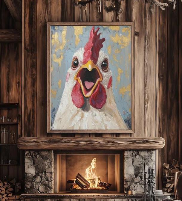 Funny Chicken Canvas Art | Quirky Farmhouse Animal Wall Print | Barnyard Country Decor | Whimsical Rooster Art | Southwest