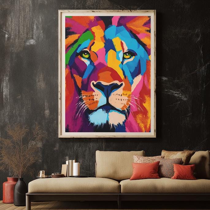Colorful Abstract Lion Art Print | Modern Wildlife Decor — Framed Print wall art