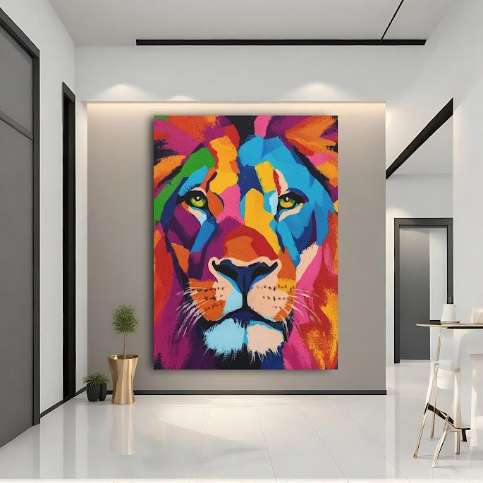 Colorful Abstract Lion Art Print | Modern Wildlife Decor — Framed Print wall art