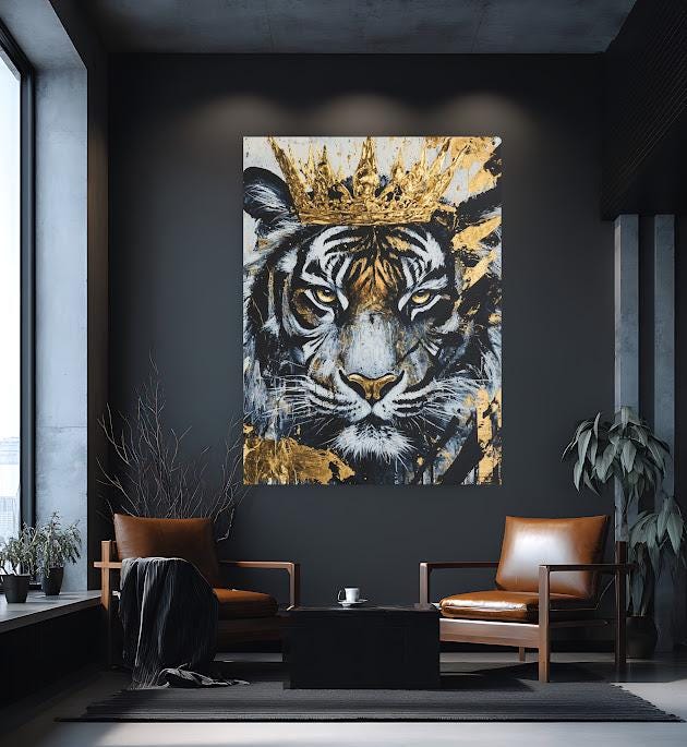 Tiger King Canvas Art, Gold Crown Animal Print, Modern Wall Decor — Framed Print wall art