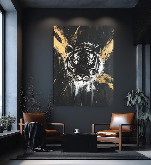 Black and Gold Tiger Art | Modern Jungle Canvas Print | Big Cat Poster — Framed Print wall art