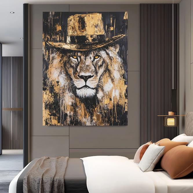 Cowboy Lion Wall Art | Rustic Wildlife Canvas | Gold Safari Poster | Masculine Wildlife Painting | Large Country Lodge Print