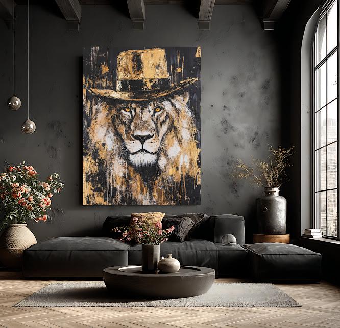 Cowboy Lion Wall Art | Rustic Wildlife Canvas | Gold Safari Poster | Masculine Wildlife Painting | Large Country Lodge Print