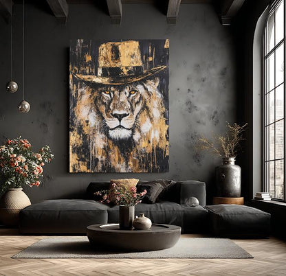 Cowboy Lion Wall Art | Rustic Wildlife Canvas | Gold Safari Poster | Masculine Wildlife Painting | Large Country Lodge Print