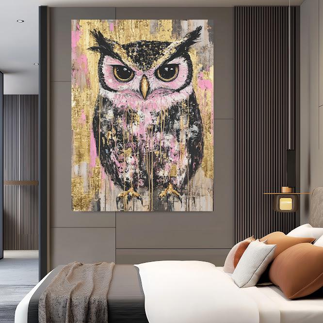 Pink Gold Owl Wall Art | Luxury Bird Canvas Print | Wise Owl Poster for Girls Room Decor | Modern Animal Wall Art | Nursery