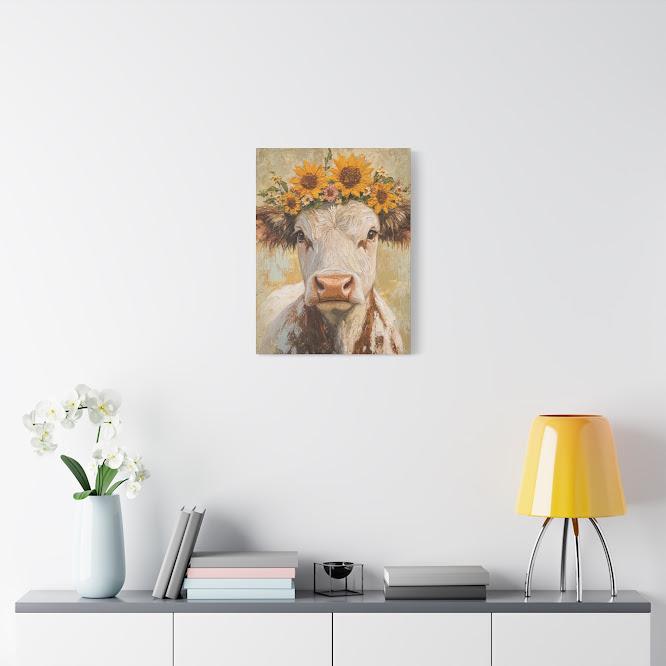 Sunflower Cow Canvas Print, Farmhouse Animal Wall Art, Rustic Home Decor — Framed Print wall art