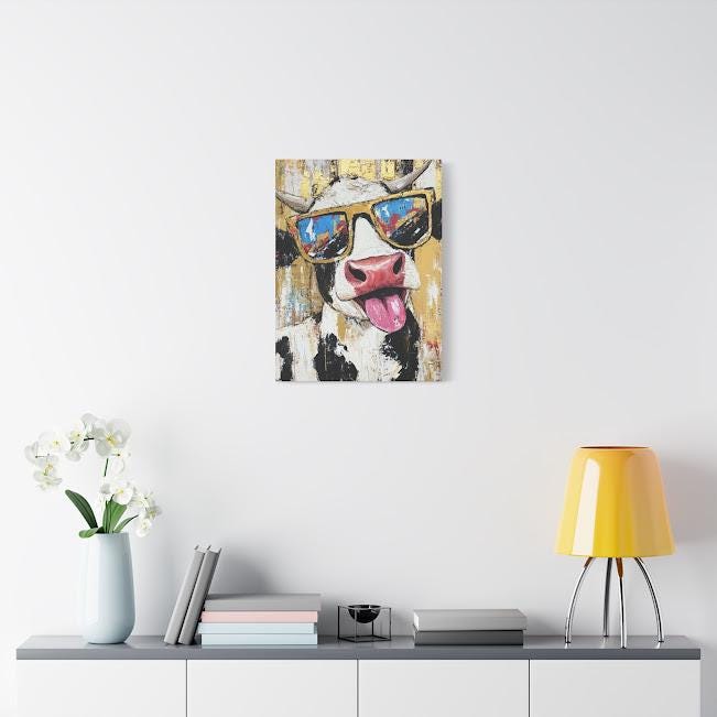 Funny Cow Canvas Print | Colorful Farmhouse Wall Art | Quirky Animal — Framed Print wall art