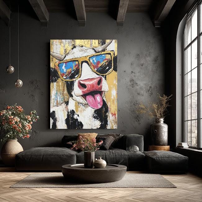 Funny Cow Canvas Print | Colorful Farmhouse Wall Art | Quirky Animal — Framed Print wall art