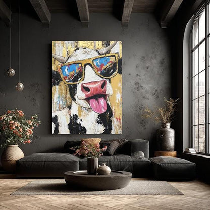 Funny Cow Canvas Print | Colorful Farmhouse Wall Art | Quirky Animal — Framed Print wall art