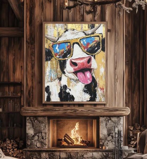 Funny Cow Canvas Print | Colorful Farmhouse Wall Art | Quirky Animal — Framed Print wall art