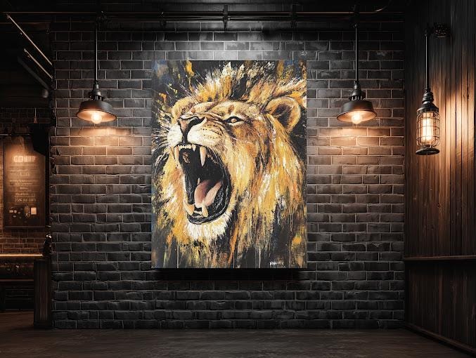 Roaring Lion Wall Art Canvas Print, Bold Wildlife Decor for Office, Living Room or Man Cave — Framed Print wall art