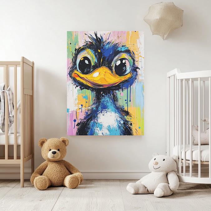 Colorful Bird Canvas Print | Whimsical Nursery, Kids Room Decor, Quirky Wall Art — Framed Print wall art