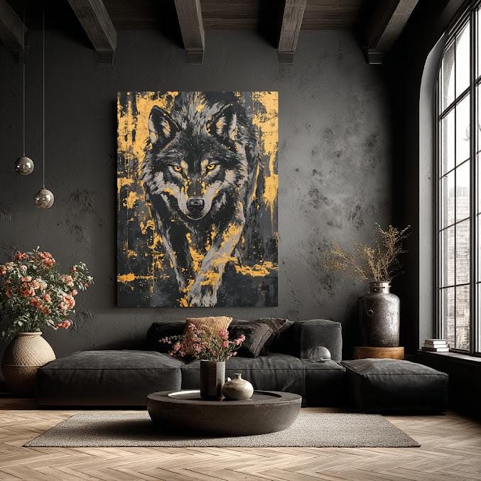 Wolf Wall Art Canvas Print, Rustic Cabin Decor, Moody Wildlife Artwork for Lodge Office — Framed Print wall art